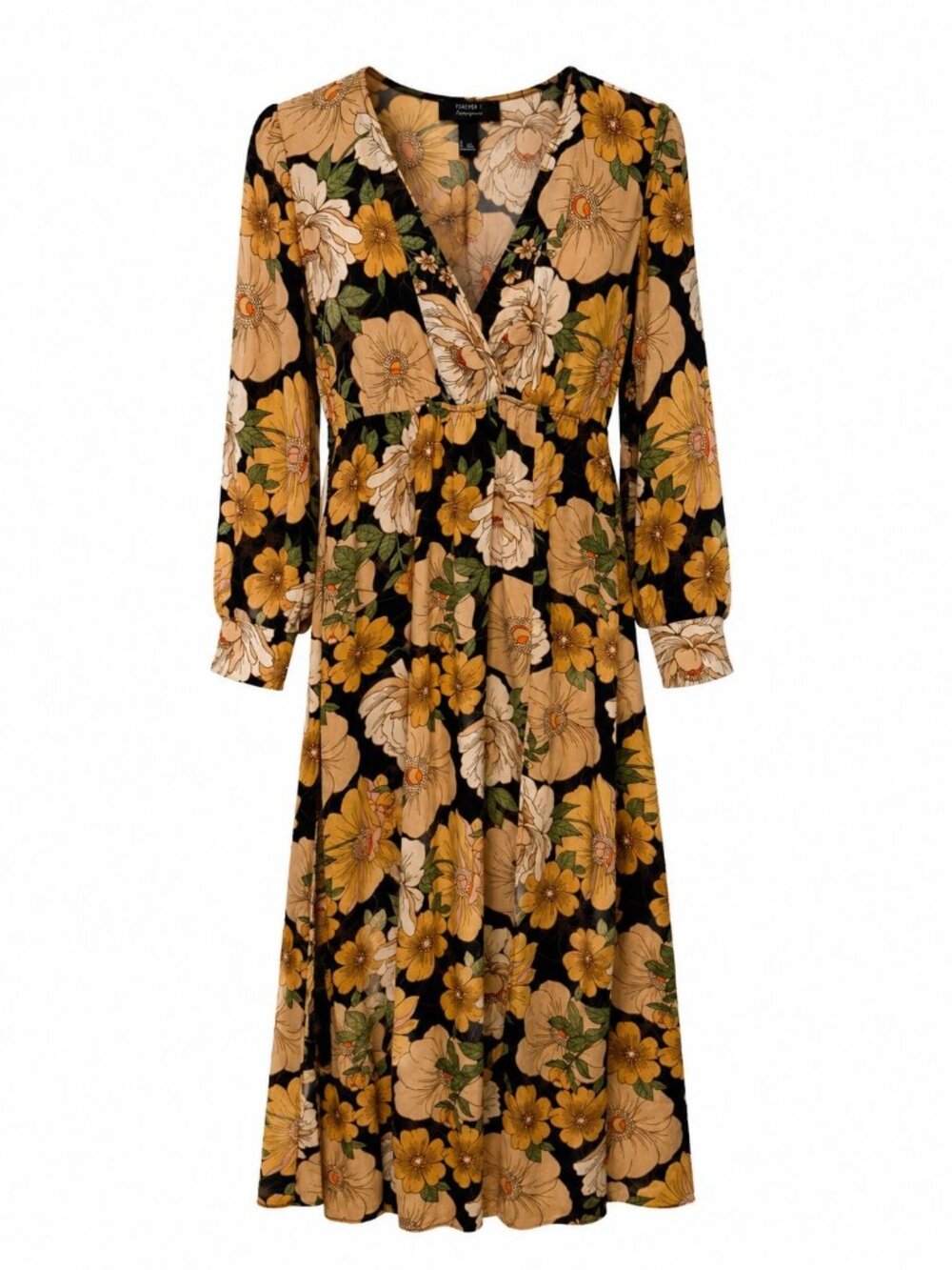 Floral V-Neck Long-Sleeve Maxi Dress Black/Yellow XL Forever 21 Contemporary